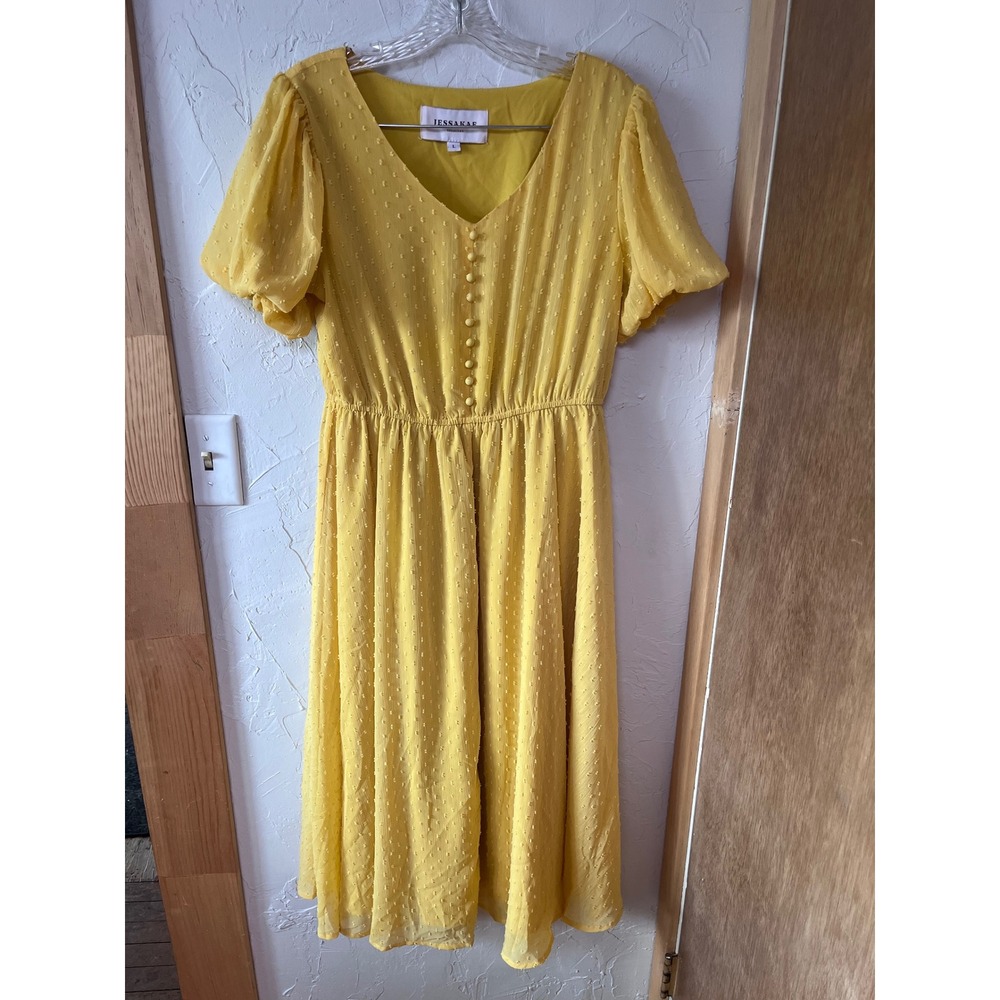 JessaKae Yellow Swiss Dot Puff Sleeve V-Neck Midi Dress Womens Size L